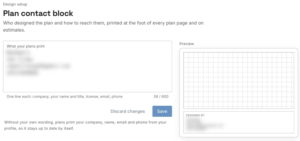 The plan contact block: what your plans print, with a preview of the plan footer