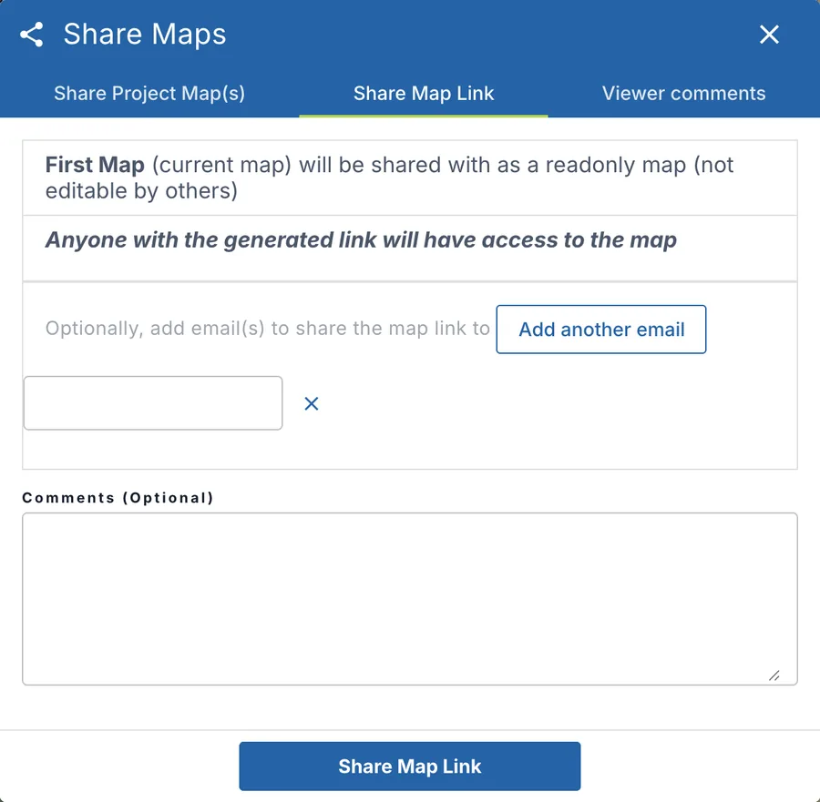 The Share Map Link tab: the map shared read-only, an email to send the link to, comments and Share Map Link