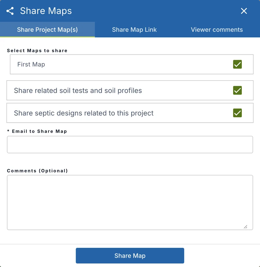 The Share Project Map(s) tab: the maps to share, soil tests, septic designs, the email and comments