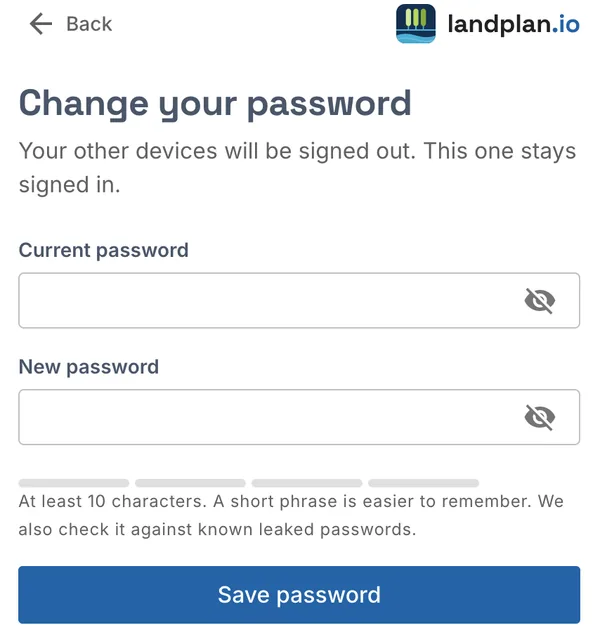 Change your password: Current password, New password and Save password