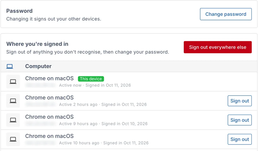 Sign-in & security: Password with Change password, and Where you're signed in, with Sign out everywhere else and a Sign out button for each browser