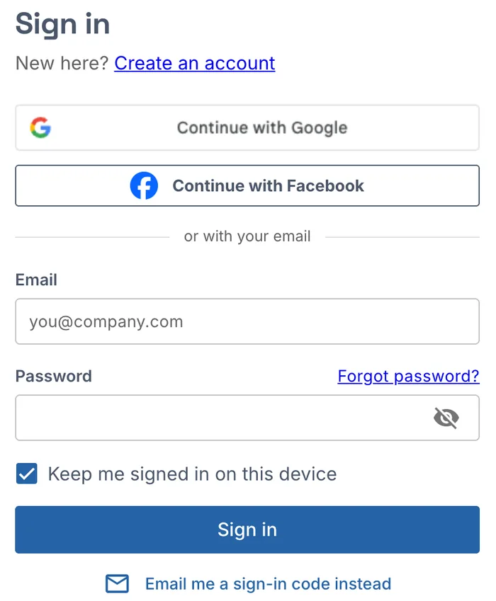 Sign in: Continue with Google, Continue with Facebook, or email and password, Keep me signed in on this device, and Email me a sign-in code instead