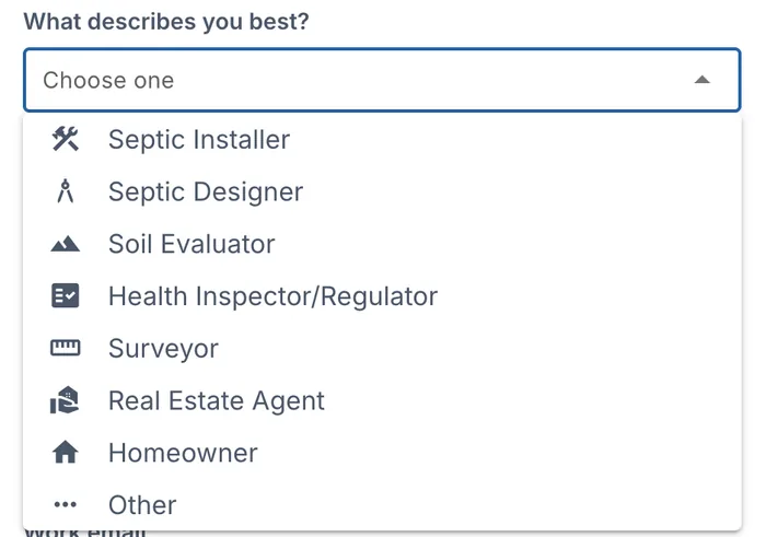 The What describes you best? list: Septic Installer, Septic Designer, Soil Evaluator, Health Inspector/Regulator, Surveyor, Real Estate Agent, Homeowner and Other