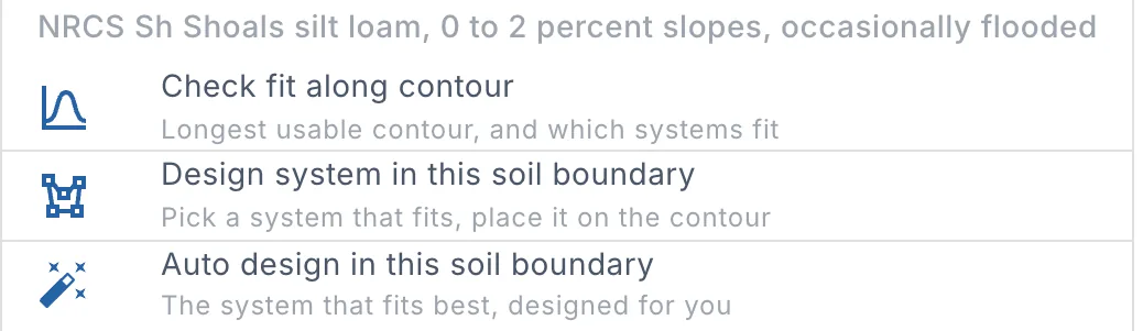 The right-click menu of a soil boundary: Check fit along contour, Design system in this soil boundary and Auto design in this soil boundary
