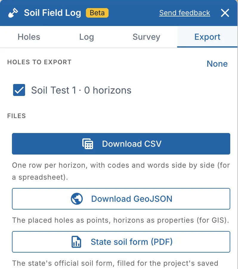 The Export tab: Holes to export, Download CSV, Download GeoJSON and State soil form (PDF)