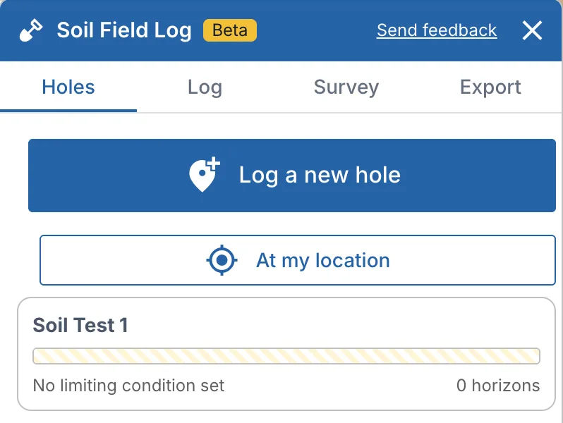 The Soil Field Log: the Holes, Log, Survey and Export tabs, Log a new hole, At my location and a hole with its profile bar