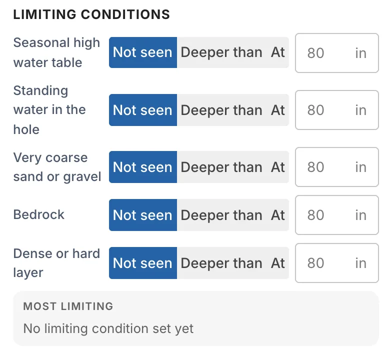 Limiting conditions: each row is Not seen, Deeper than or At with a depth, then Most limiting and Percolation