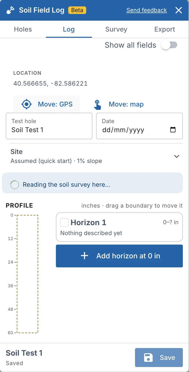 The Log tab: Show all fields, the location with Move: GPS and Move: map, Test hole, Date, Site and the profile