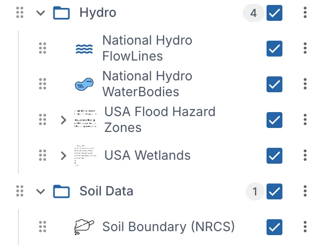 The Hydro and Soil Data folders in the Layers panel