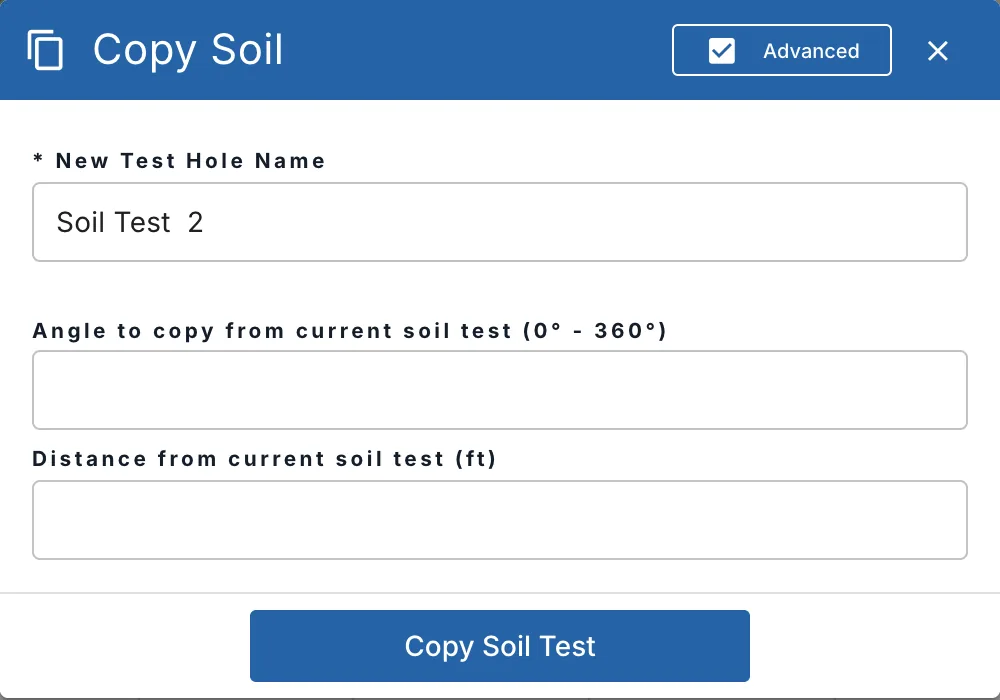 The Copy Soil window: New Test Hole Name, and with Advanced the angle and distance from the current soil test