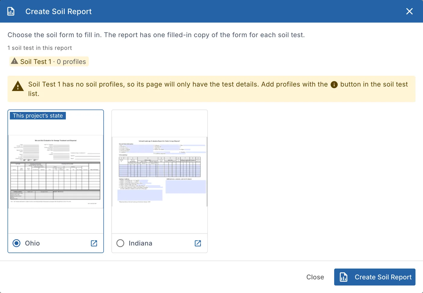 The Create Soil Report window: the soil tests in the report, a warning for a test without profiles, and the soil forms to choose from
