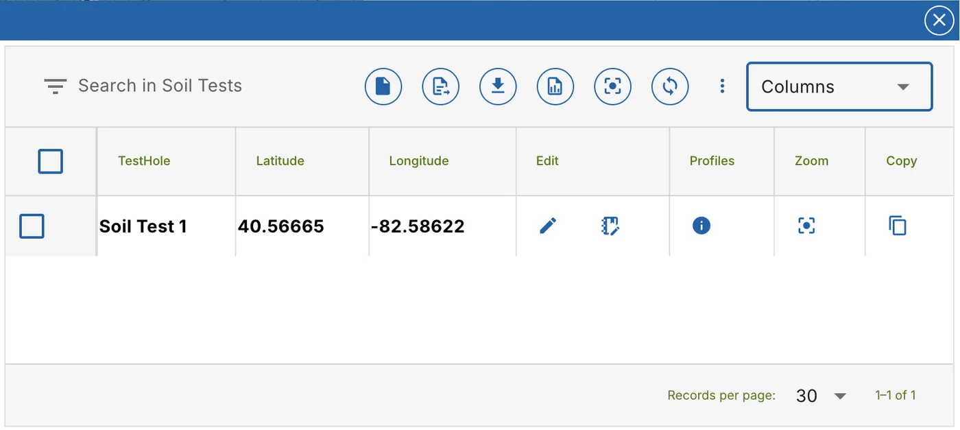 The soil test list: search, the toolbar, Columns and one soil test